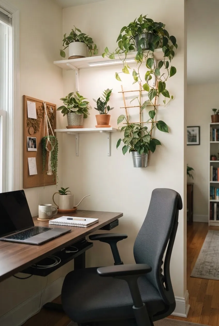 Home office plant wall backdrop with shelves and balanced green texture