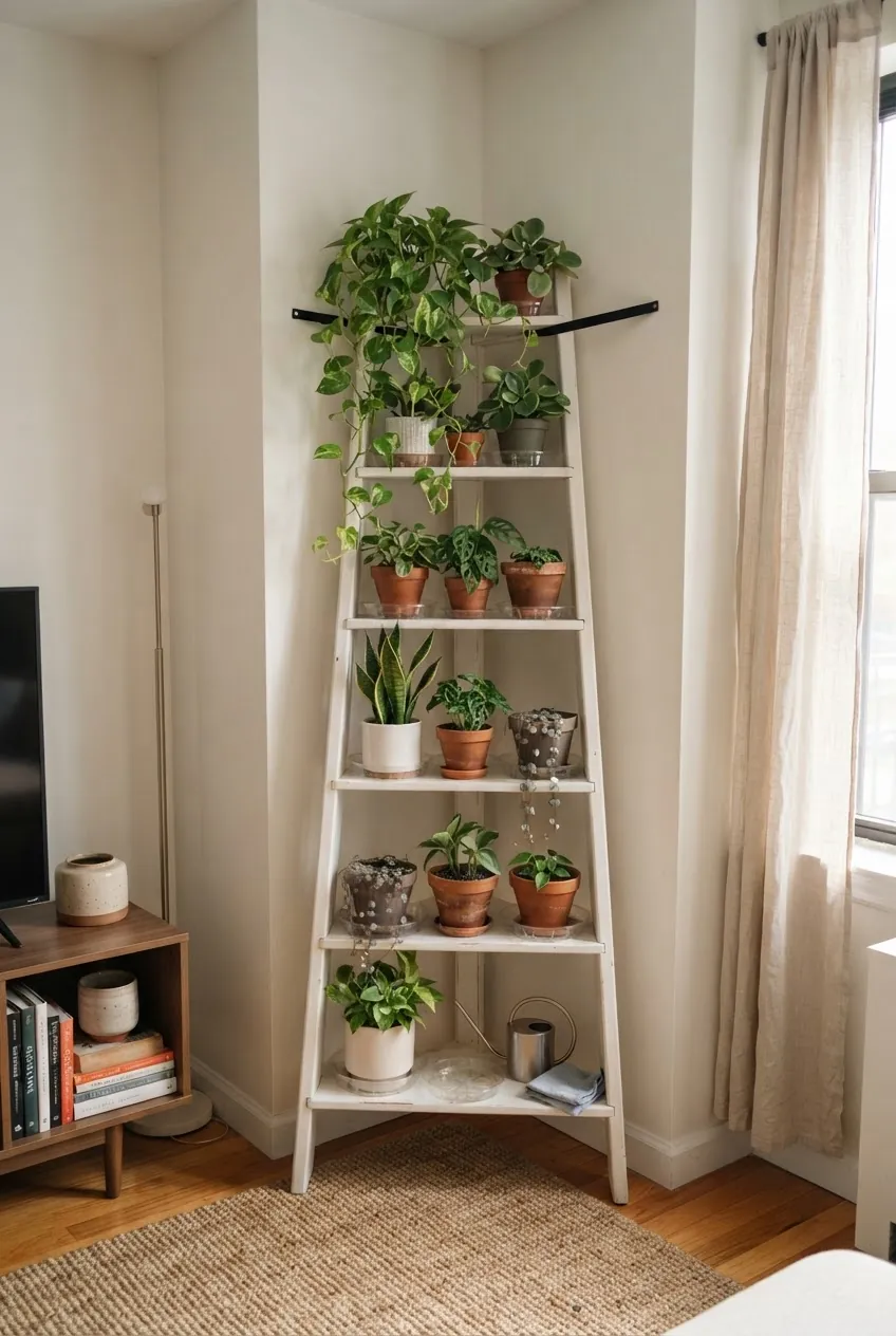 Corner plant ladder wall with potted plants in a sunny room