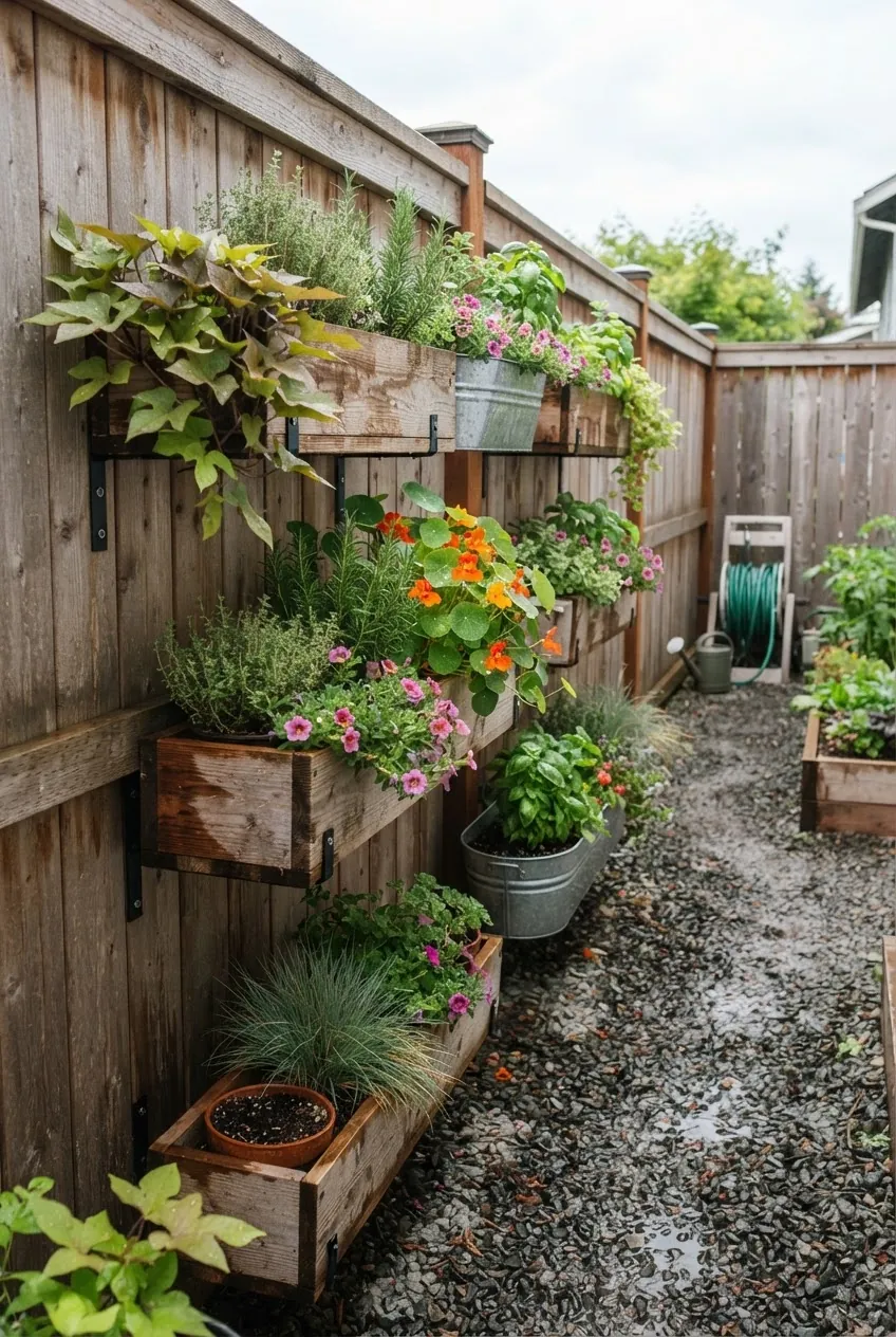 Outdoor fence planter wall with herbs flowers and trailing greenery