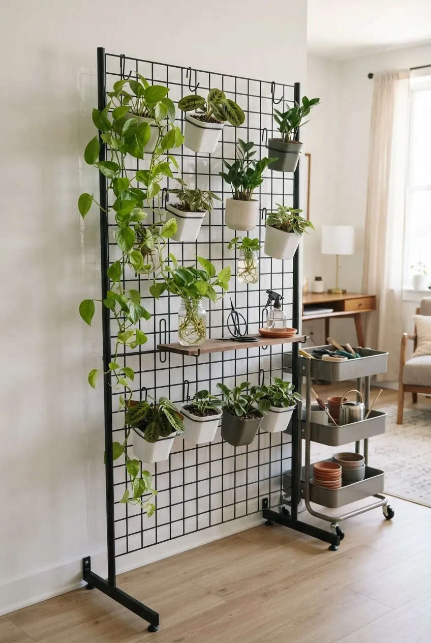 Renter friendly wire grid plant wall with clip on planters and trailing vines