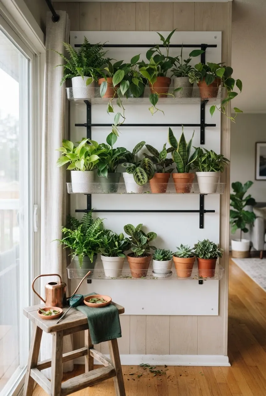 Mixed pot plant wall with visible drip tray and removable planters