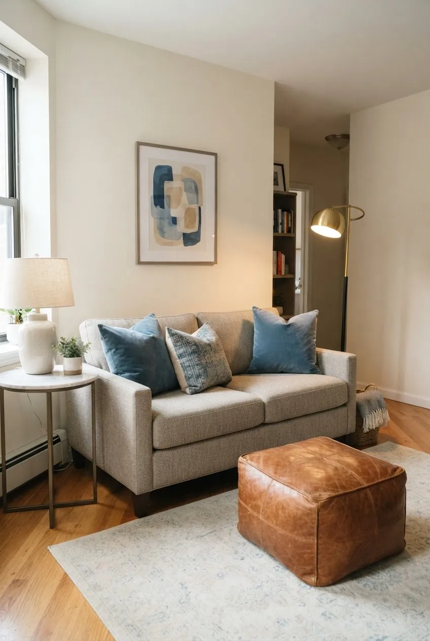 Dusty blue greige and cognac living room color scheme for an apartment