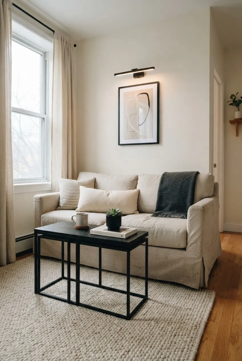 Warm white apartment living room with oatmeal sofa and small black accents