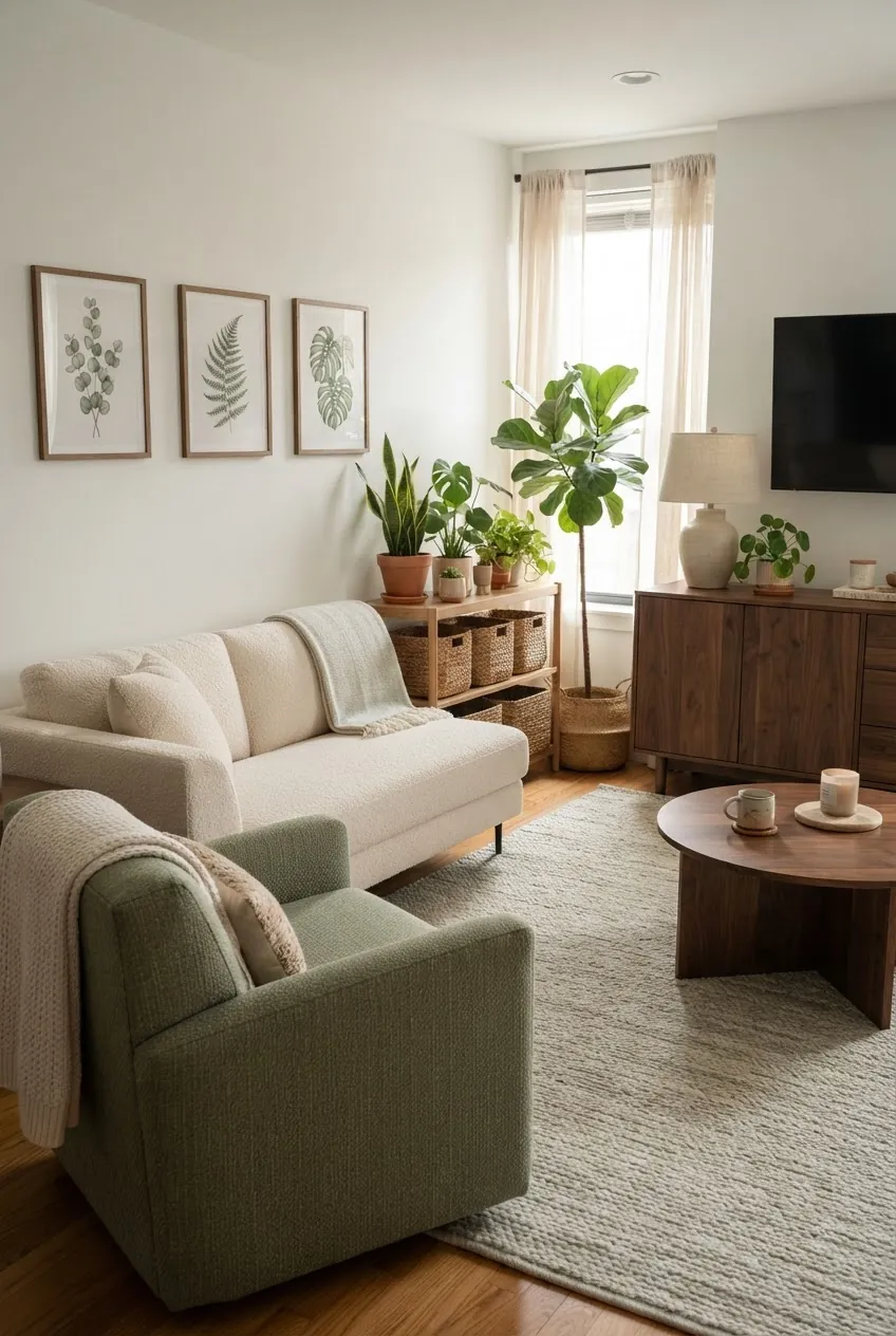Sage green cream and walnut apartment living room color palette
