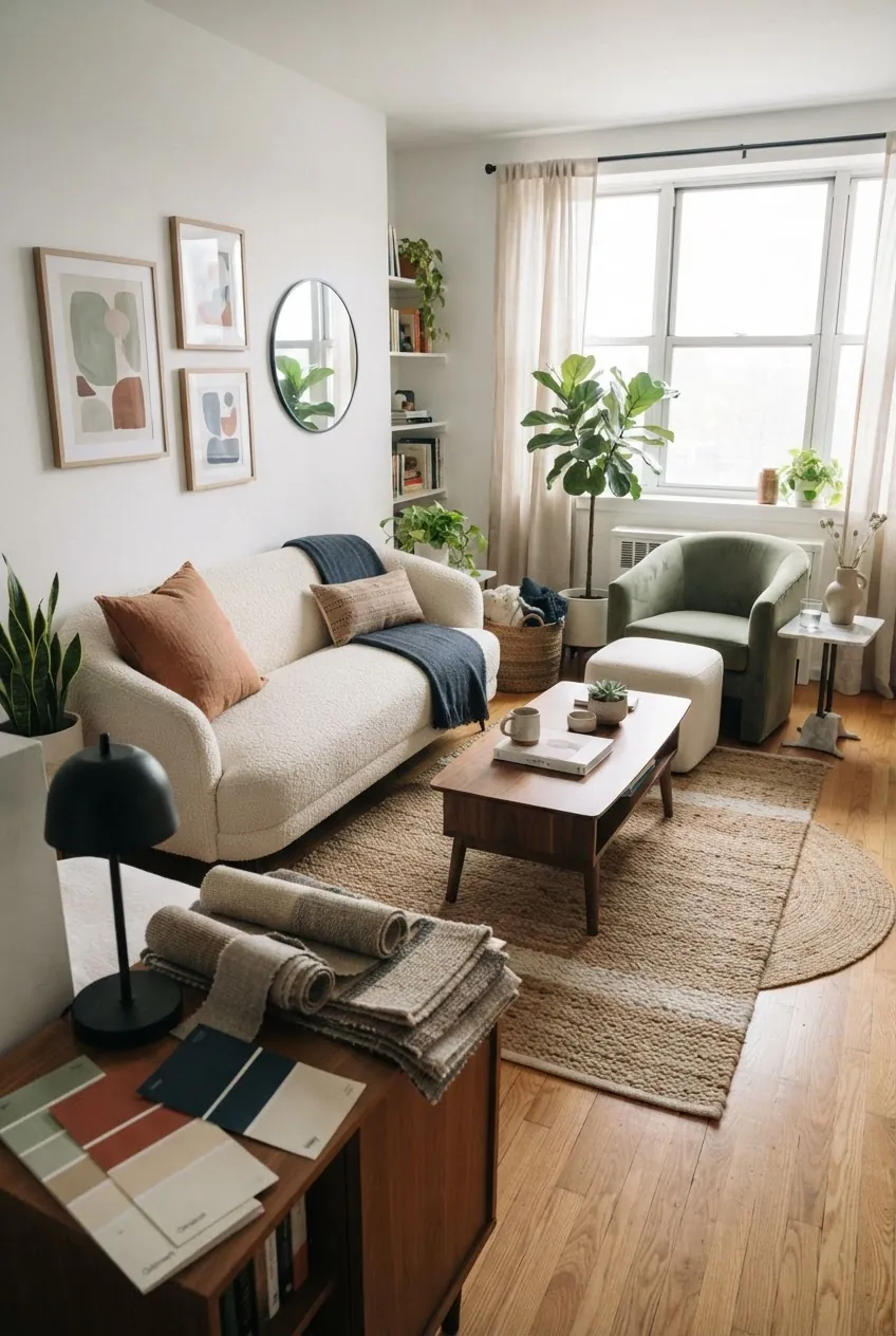 Apartment living room with layered color schemes, cozy textiles, and renter friendly decor