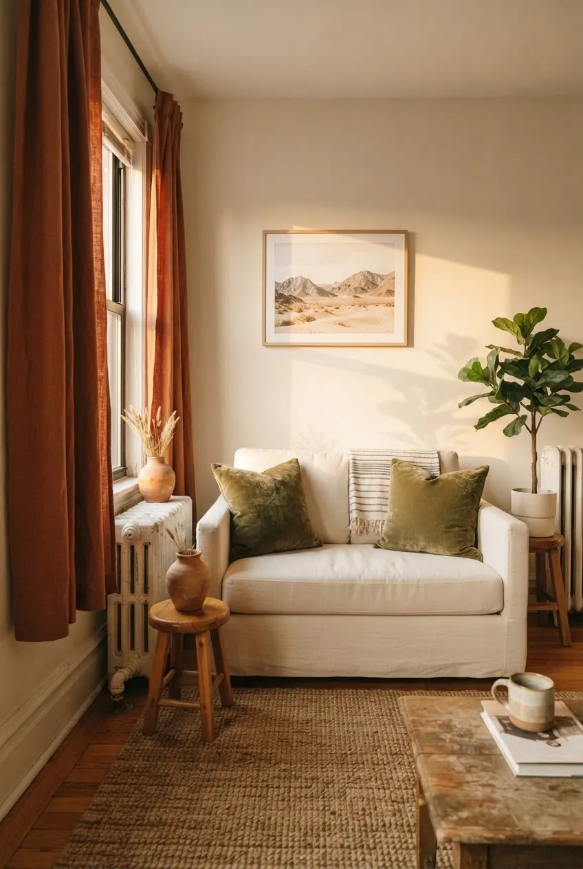 Terracotta ivory and olive cozy apartment living room color scheme