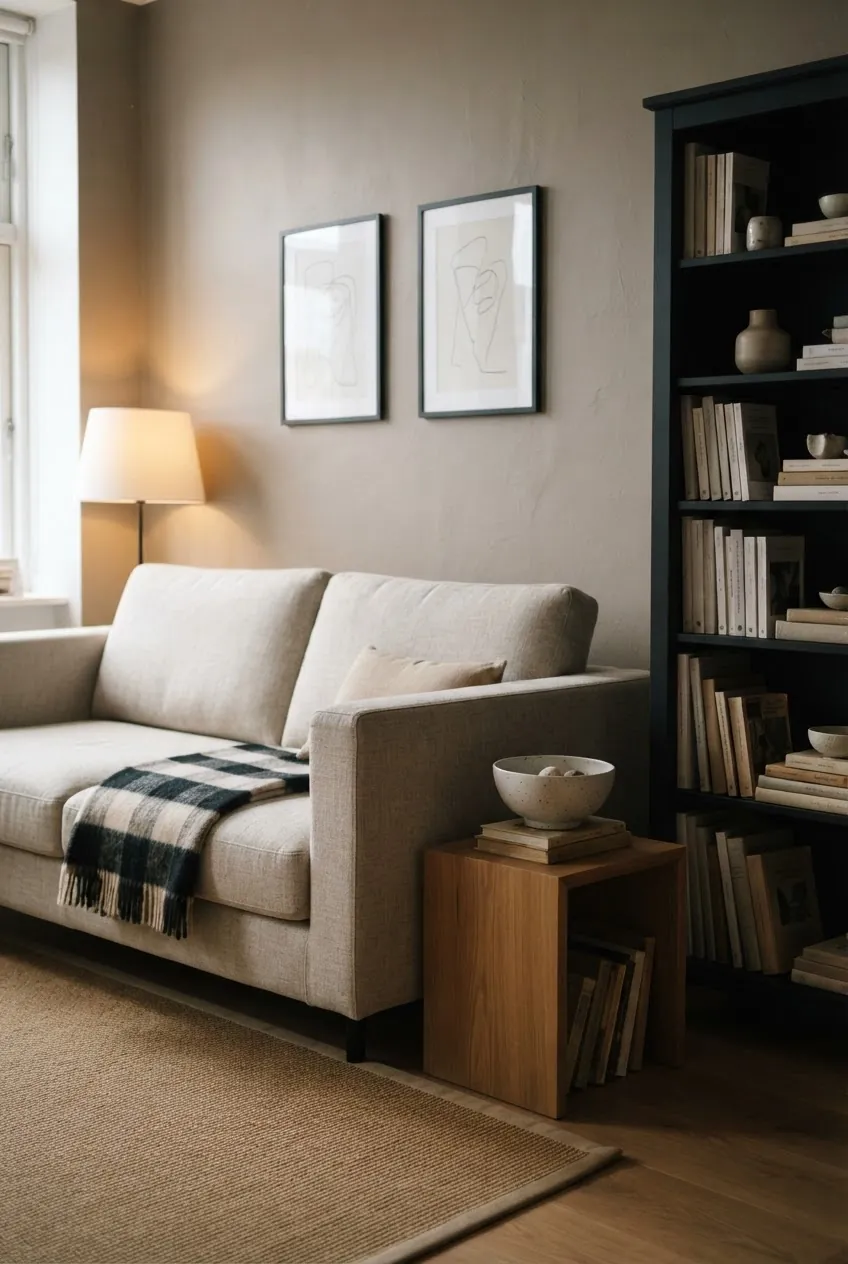 Mushroom taupe and soft black living room palette in a small apartment