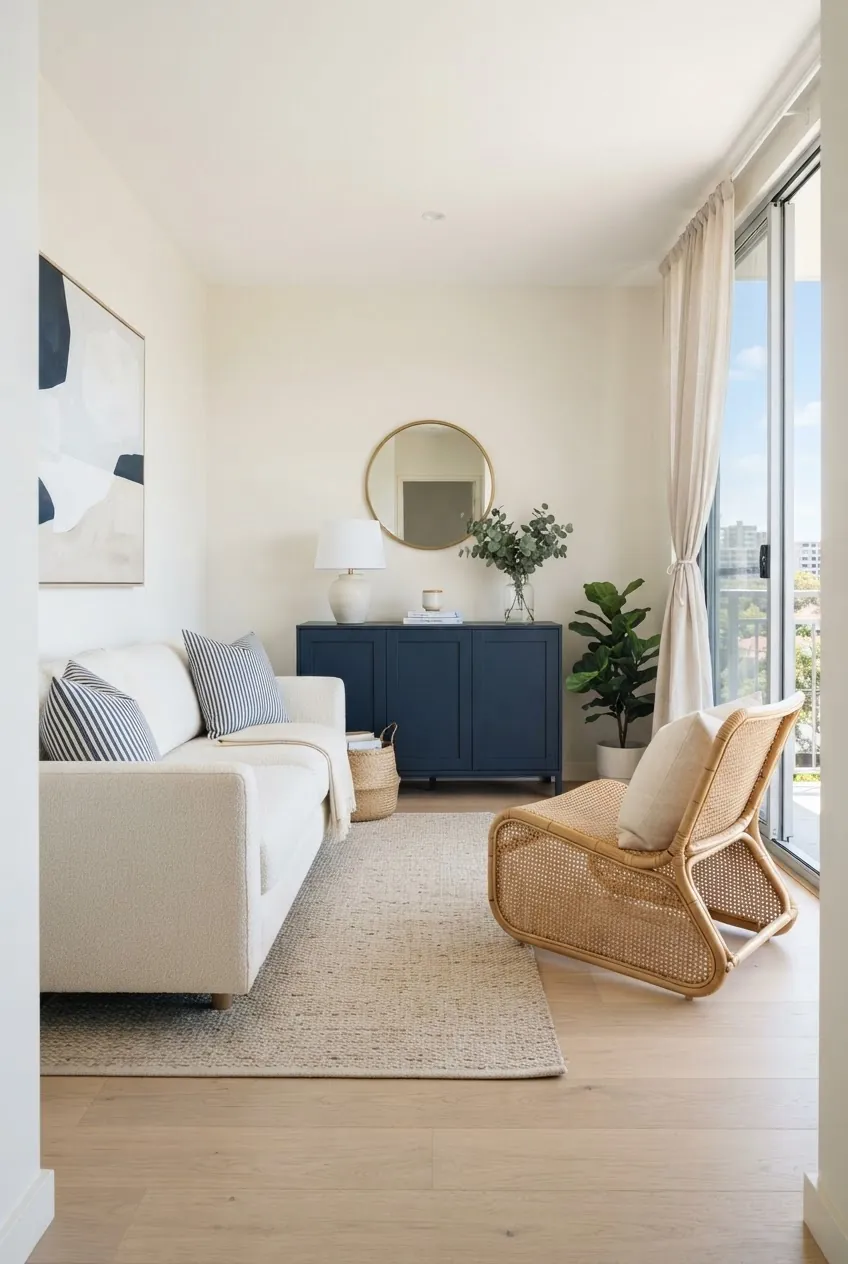 Navy warm white and rattan apartment living room color combination