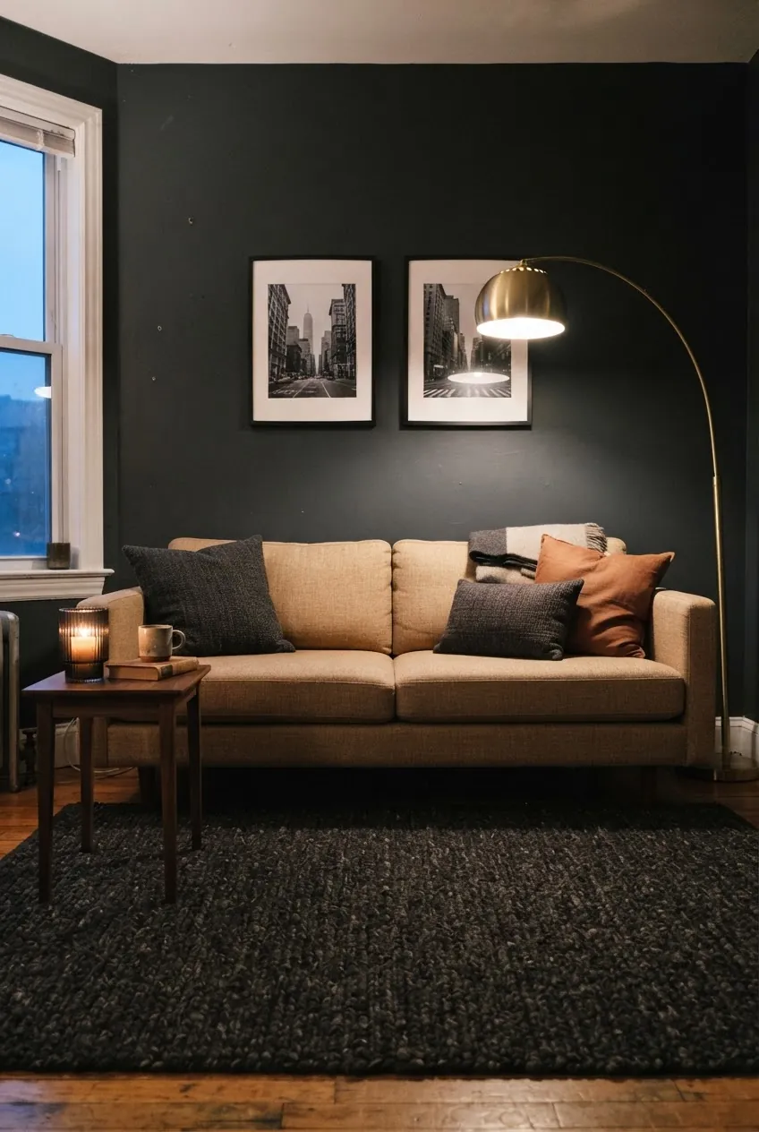 Charcoal camel and brass moody apartment living room color scheme