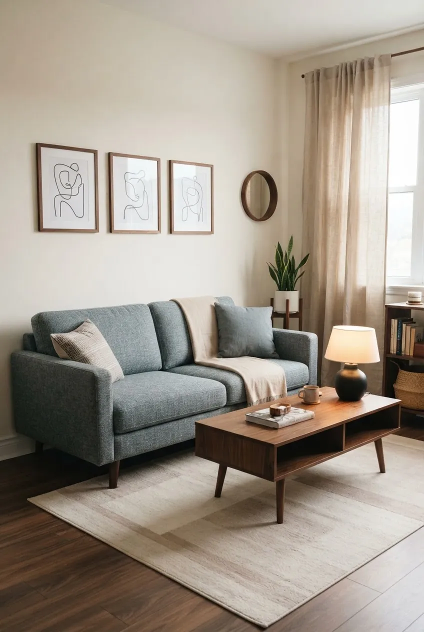Cool gray blue sand and walnut small apartment living room