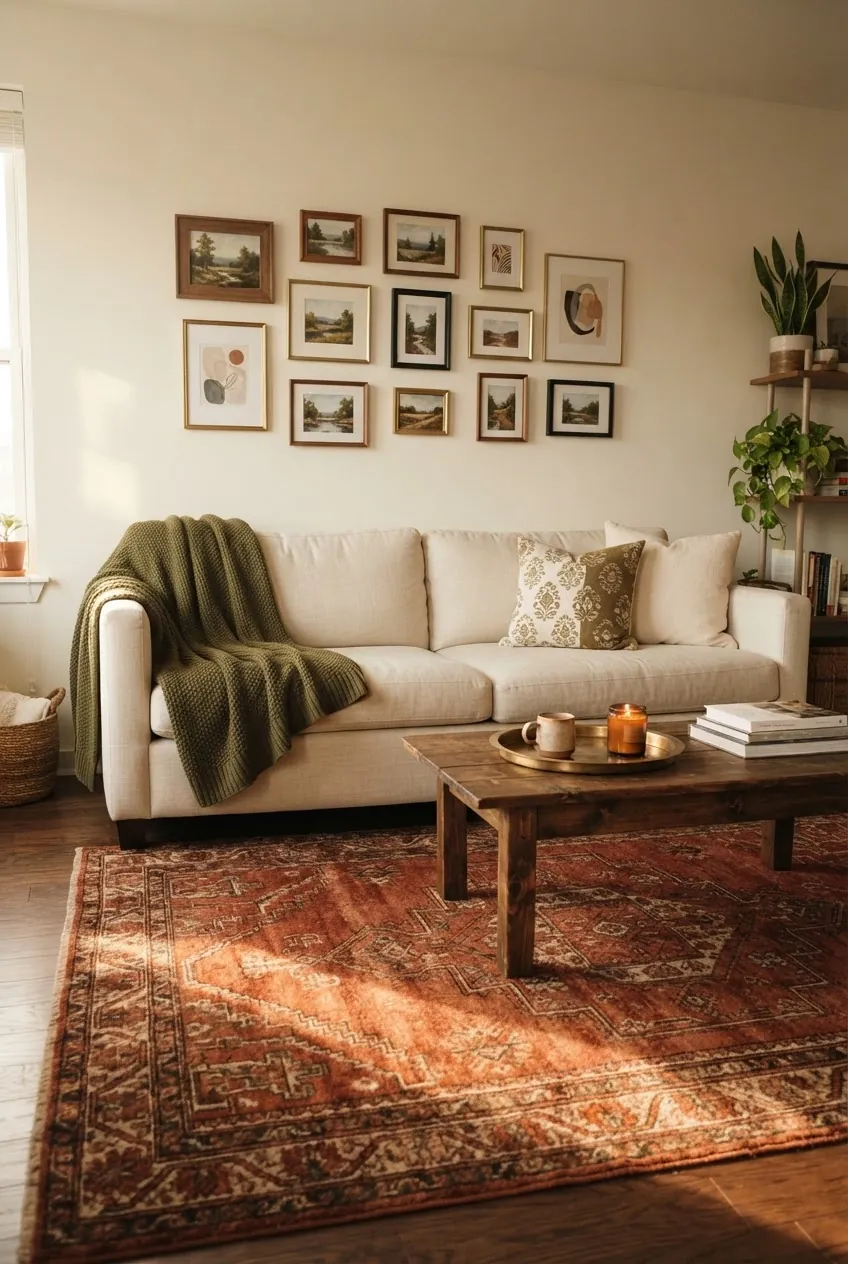 Olive rust and cream cozy living room design color scheme