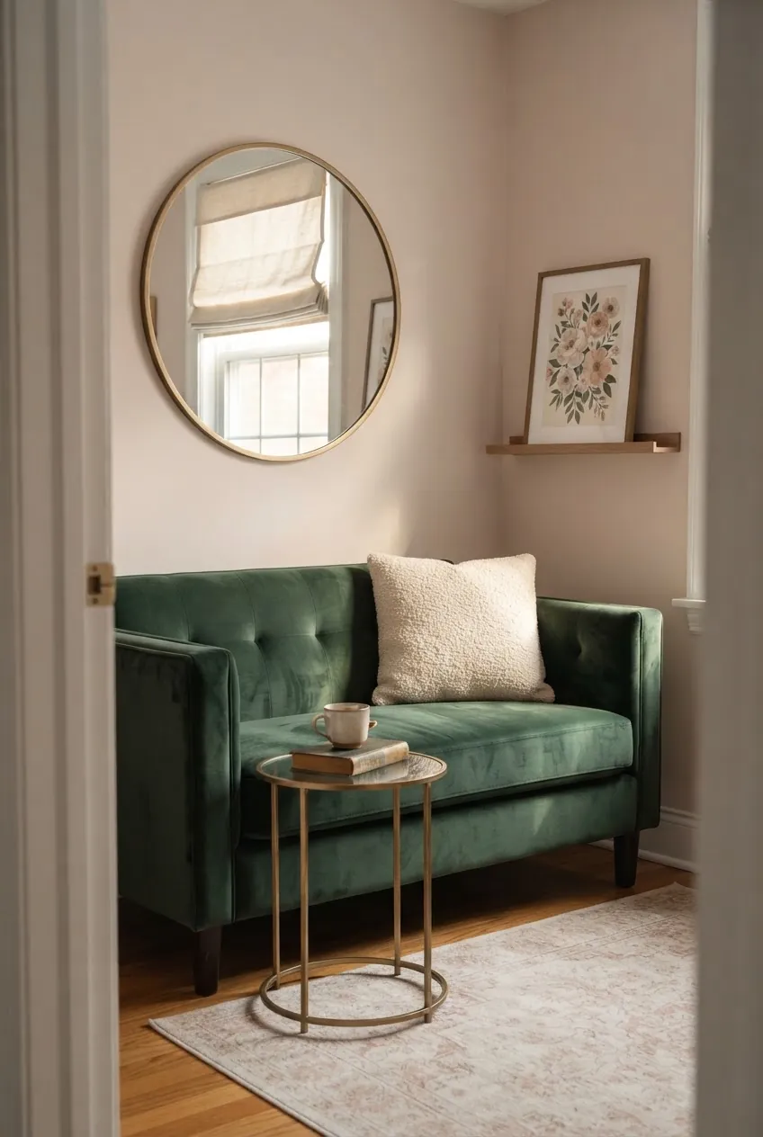 Blush beige and deep green apartment living room palette with gold accents