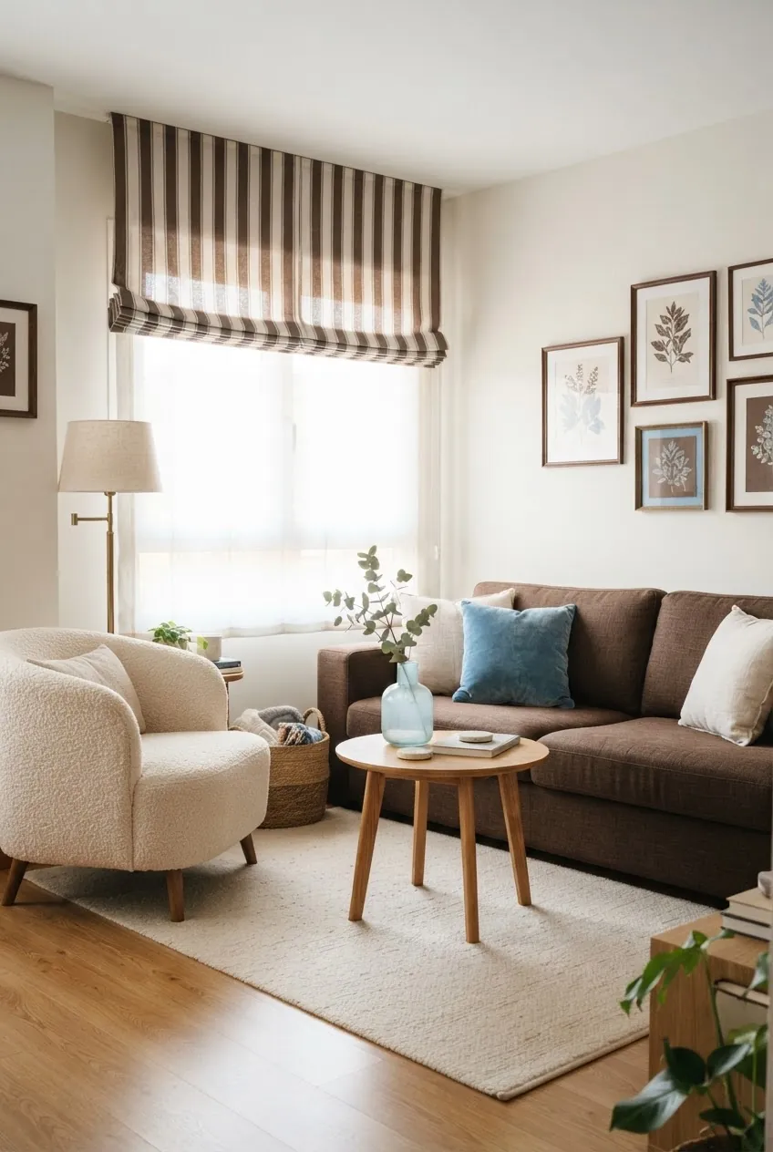 Chocolate brown ivory and sky blue apartment living room palette