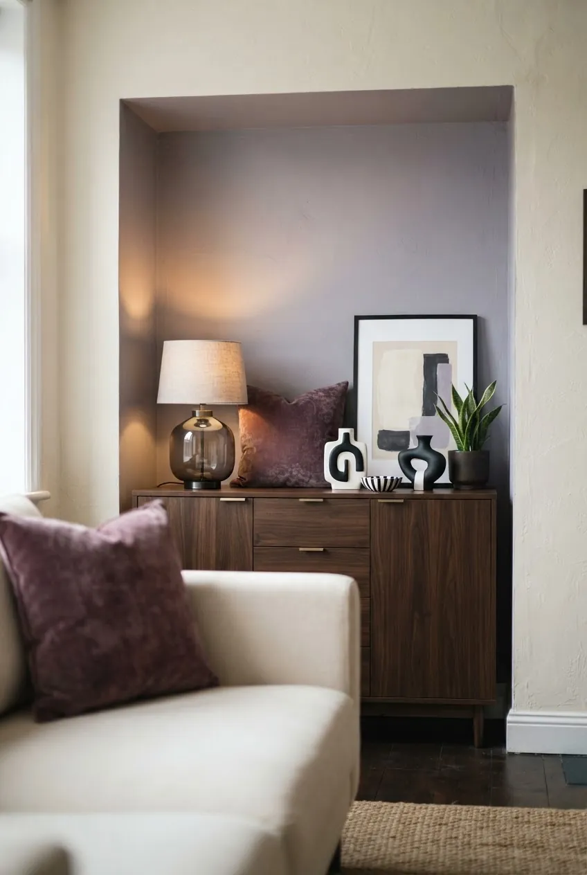 Lavender gray cream and espresso apartment living room color palette