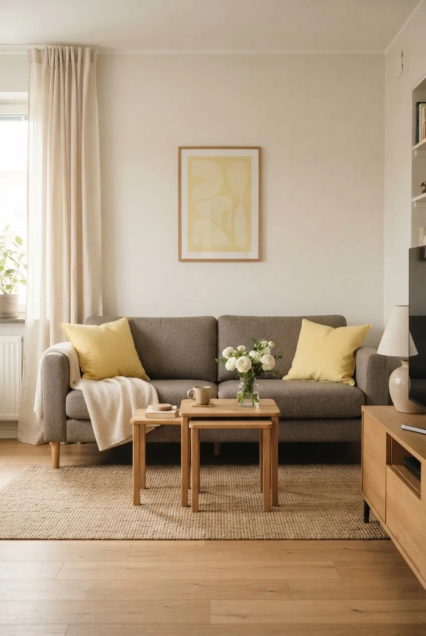 Butter yellow warm gray and white oak living room color scheme