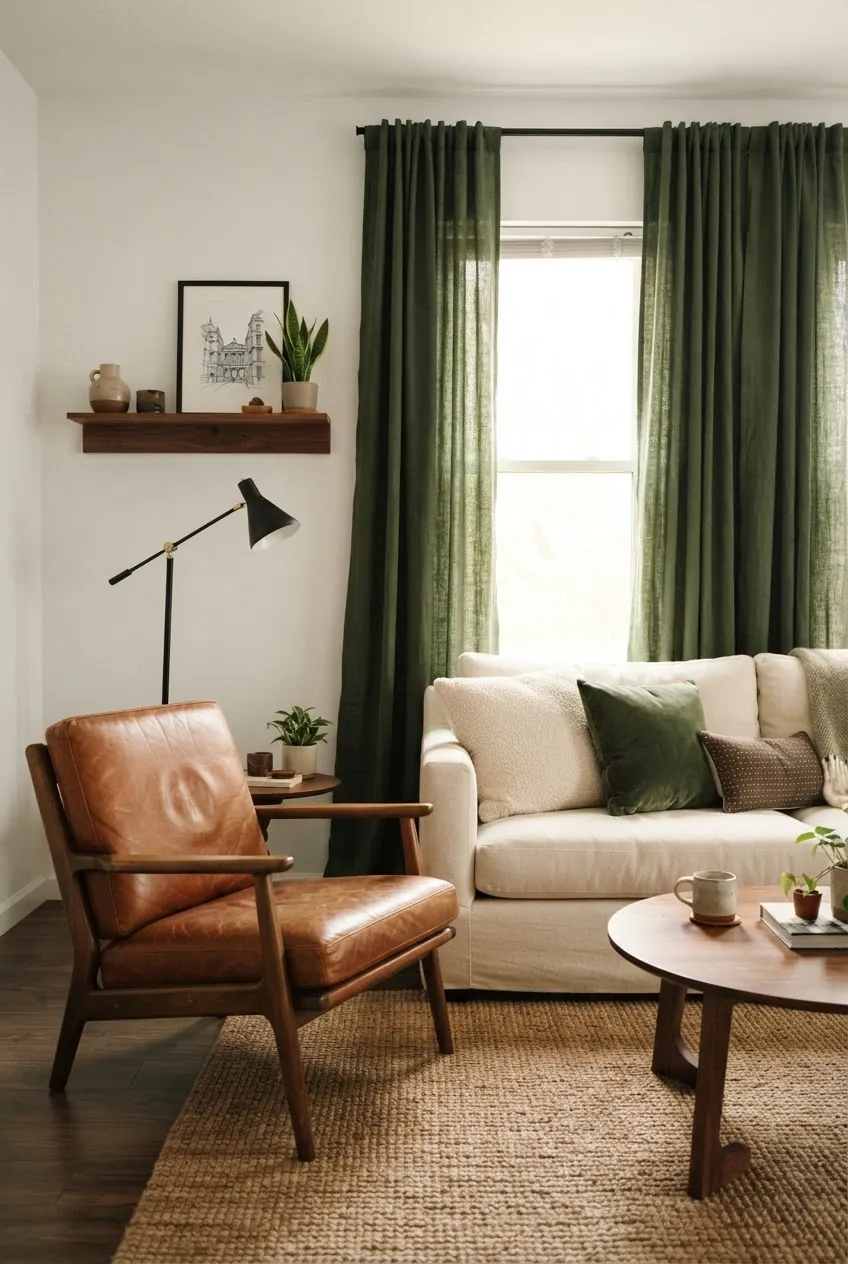 Forest green cream and cognac living room color palette for renters