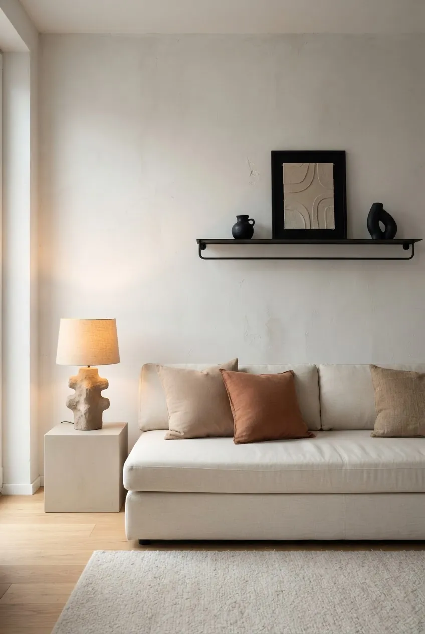 Soft clay plaster white and matte black apartment living room