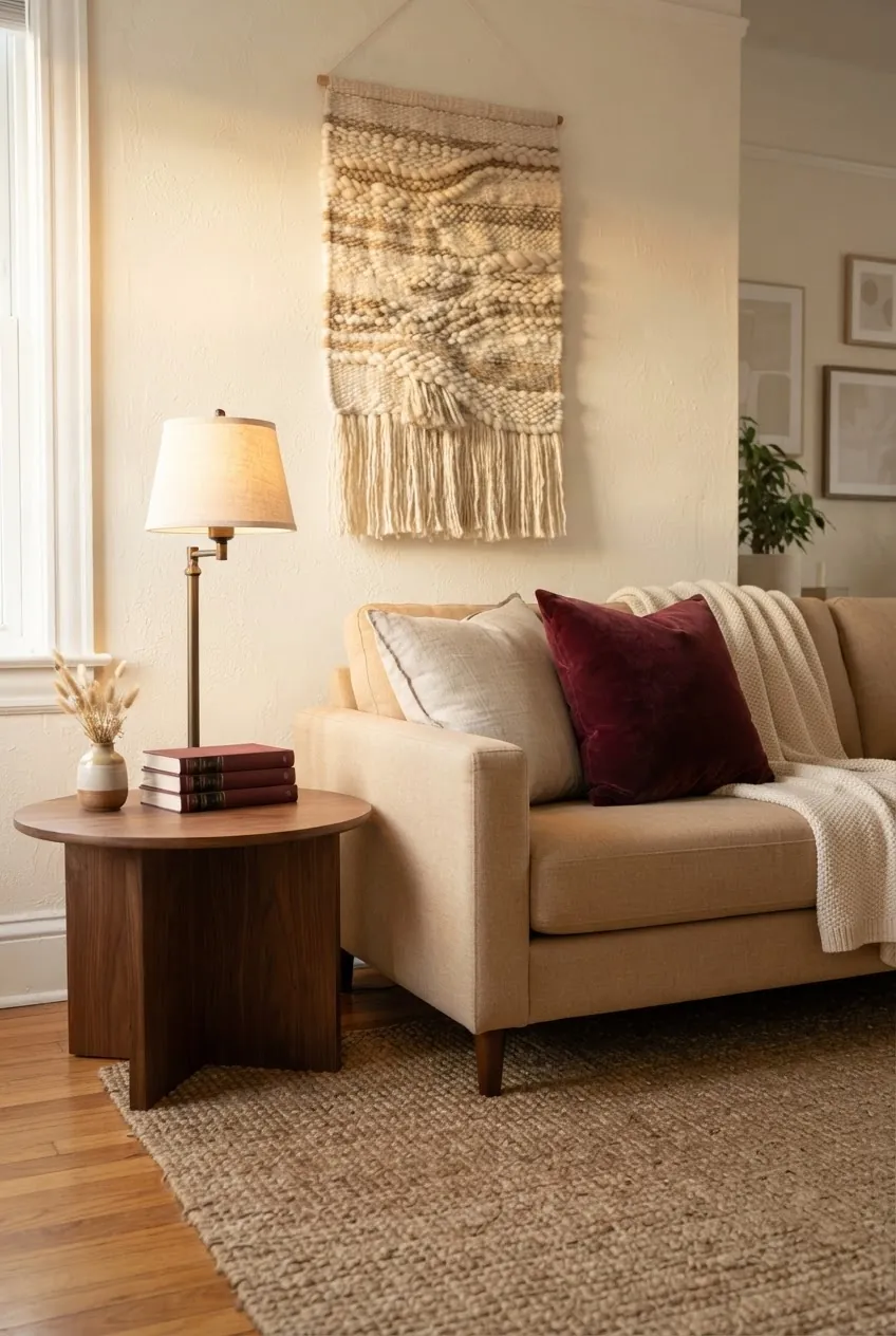 Warm neutral apartment living room with burgundy accent color
