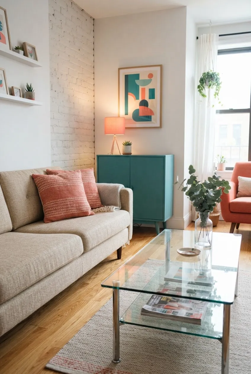 Teal beige and coral apartment living room color combination idea