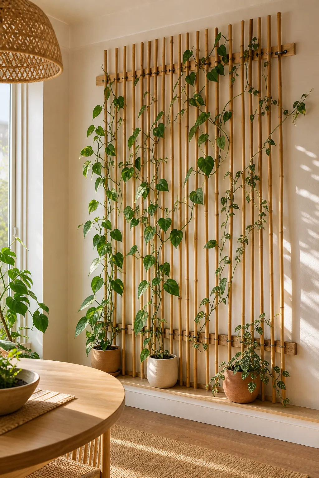 Bamboo slat trellis indoor plant wall with climbing houseplants