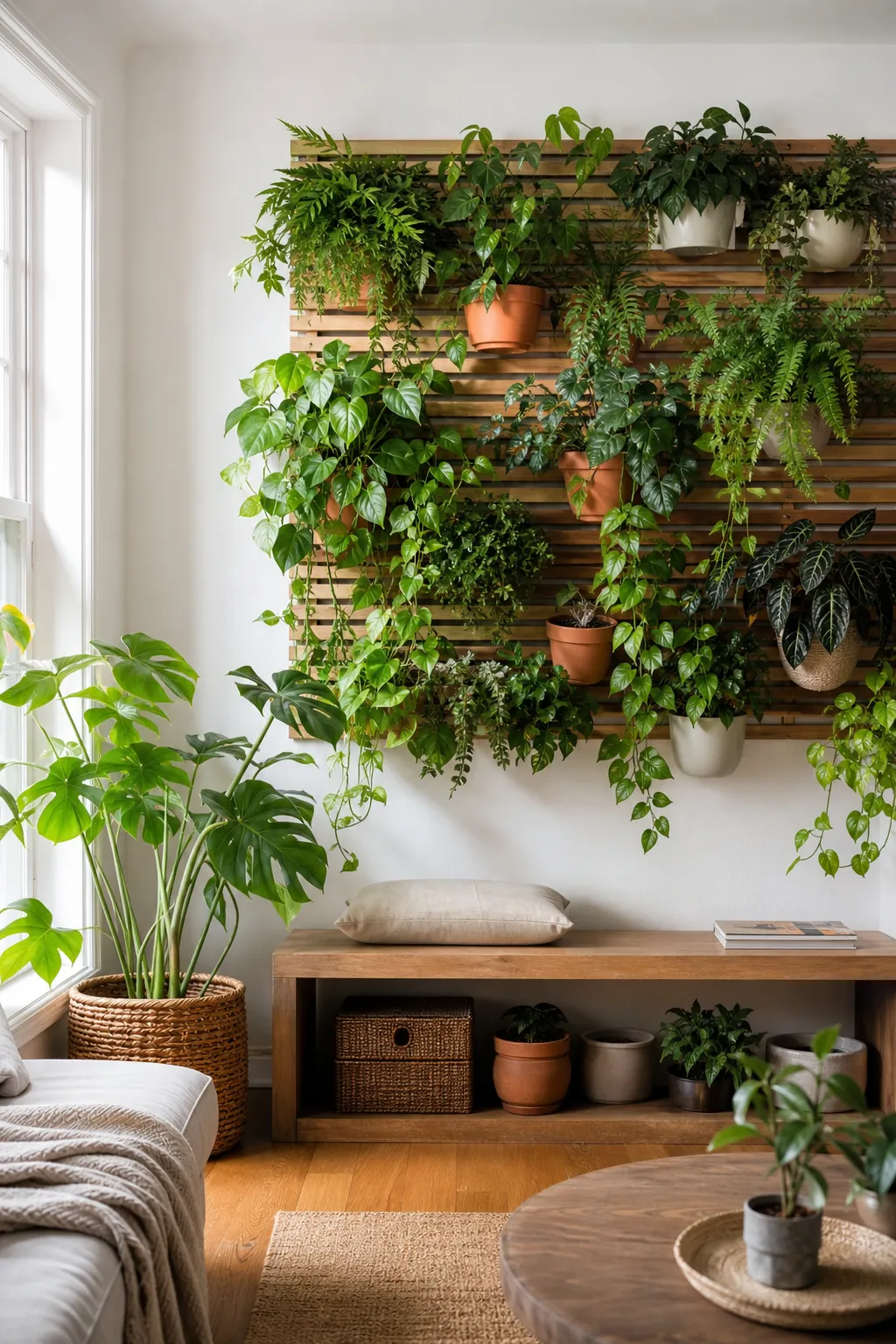 Indoor plant wall ideas with lush greenery in a natural home interior
