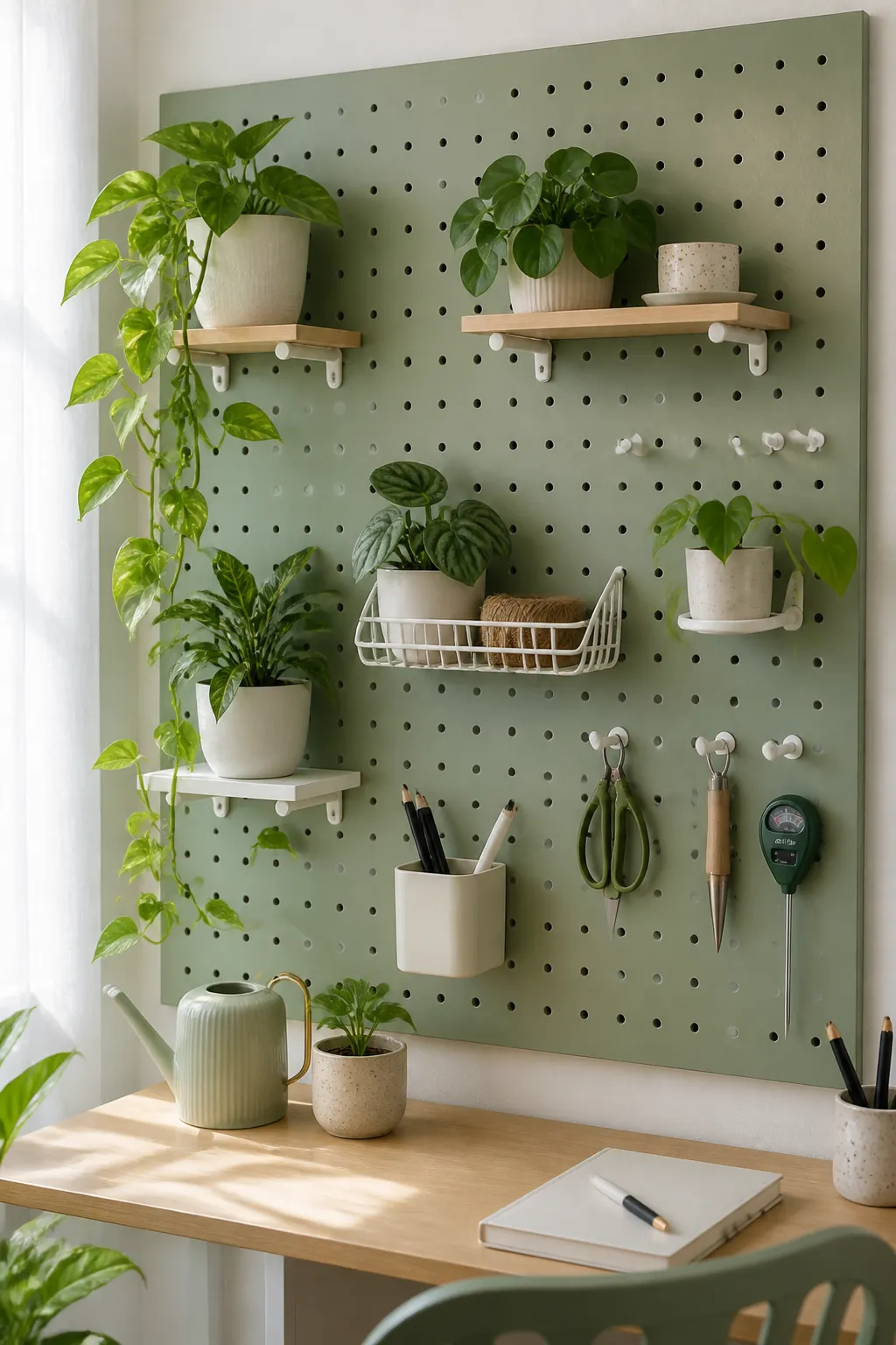 Flexible pegboard indoor plant wall with shelves and hanging planters