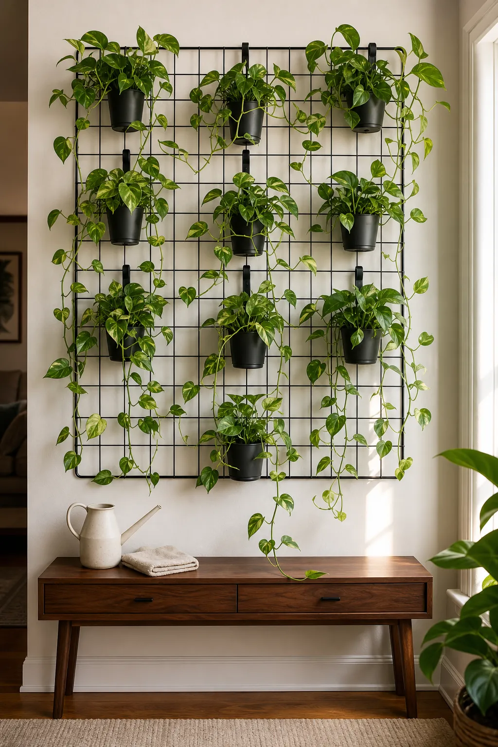 Pothos grid indoor plant wall with trailing vines in a living room