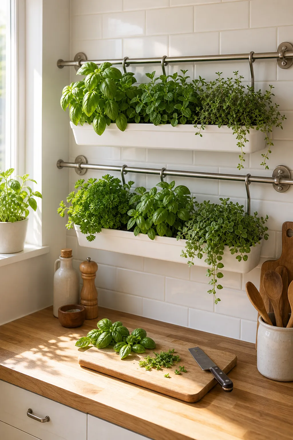 Kitchen herb rail indoor plant wall with basil mint and trailing herbs