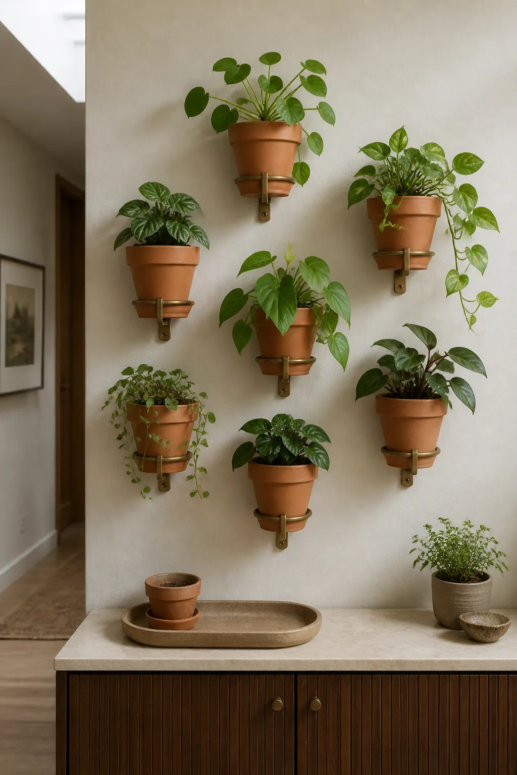Terracotta pot clip indoor plant wall with small houseplants