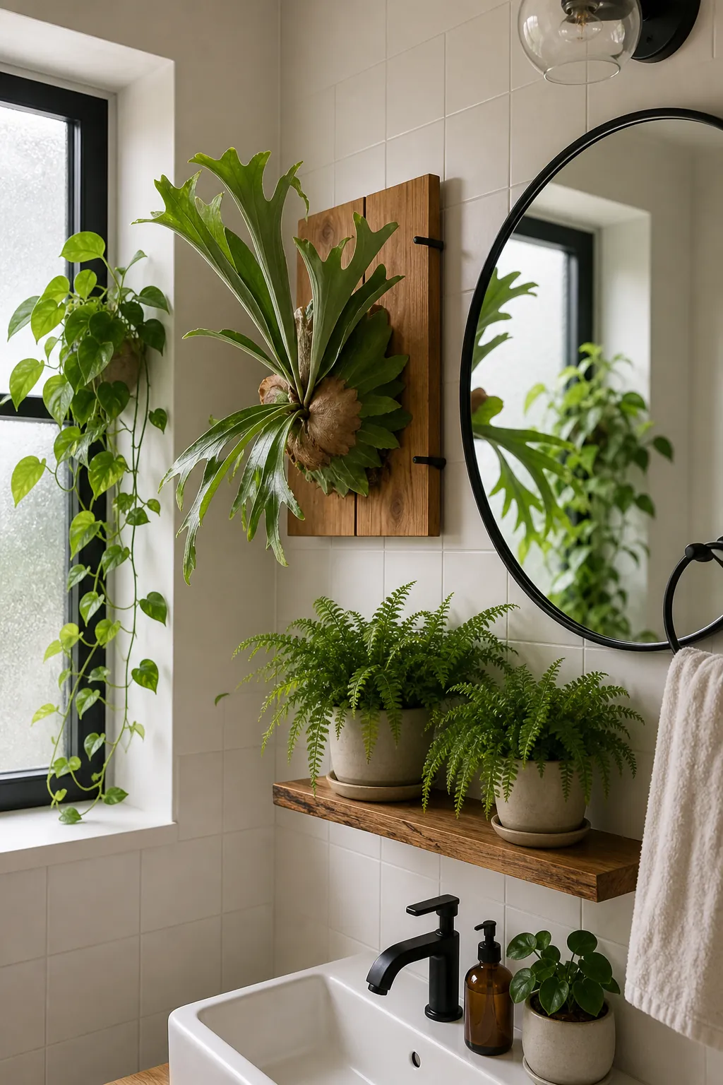 Bathroom fern indoor plant wall with staghorn fern and humidity-loving greenery