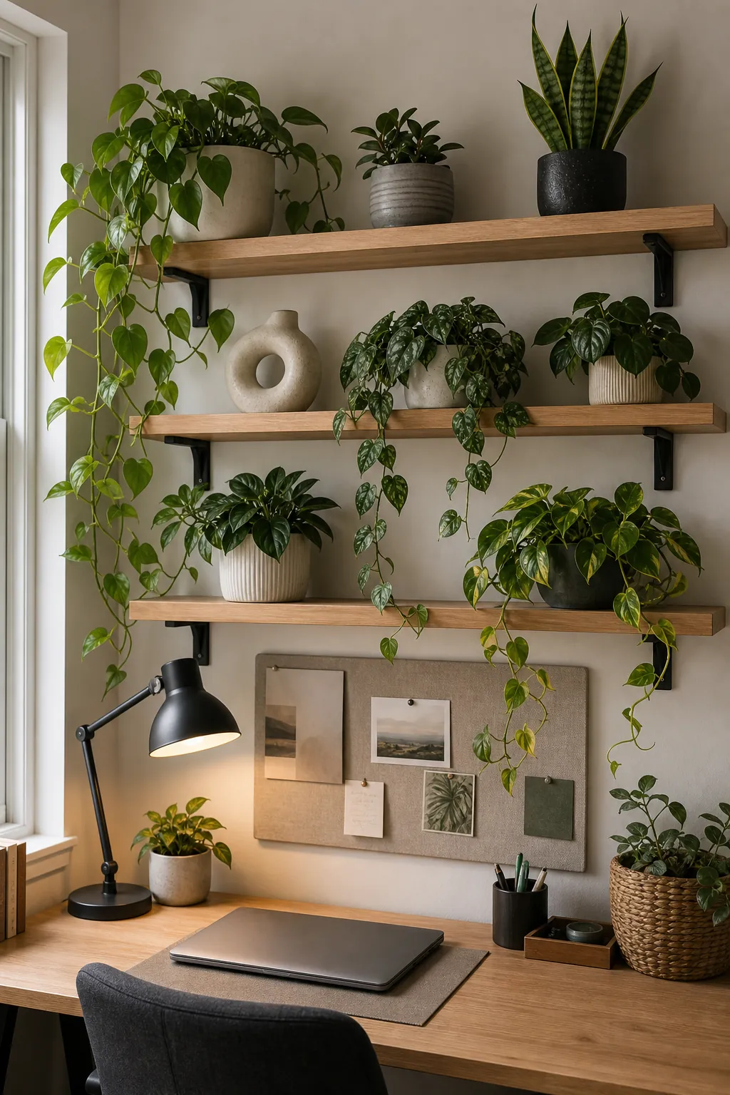 Home office plant wall with shallow shelves and trailing indoor plants