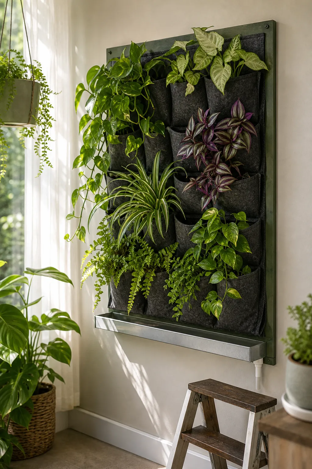 Felt pocket diy living wall indoor with mixed tropical plants