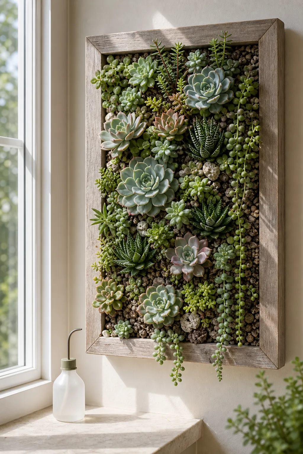 Succulent wall frame with rosette plants in a bright indoor room