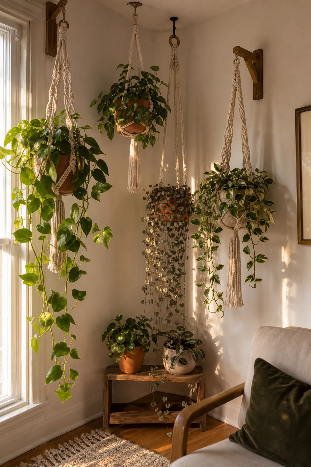 Hanging indoor plant corner wall with macrame planters and trailing vines