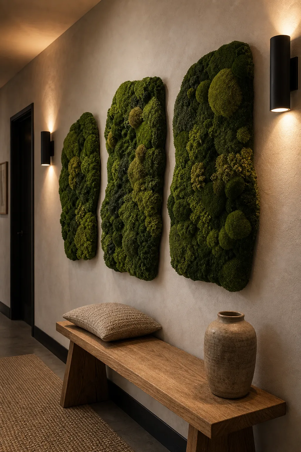 Preserved moss indoor plant feature wall in a hallway