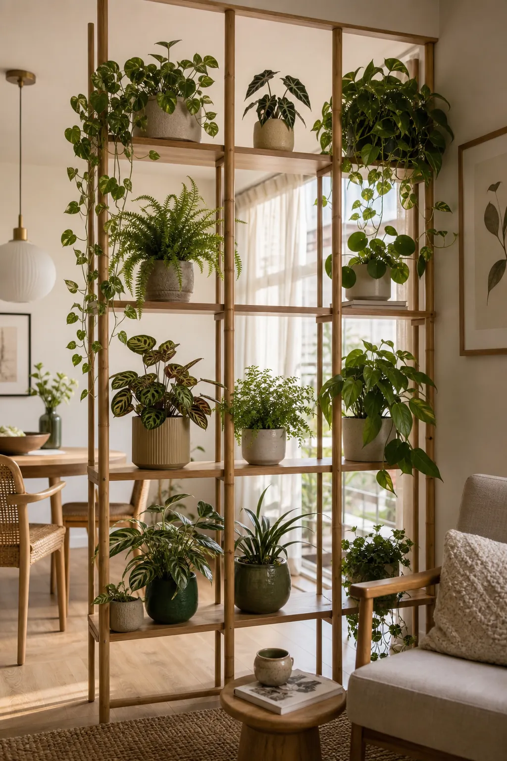 Indoor plant wall room divider with open shelving and mixed greenery