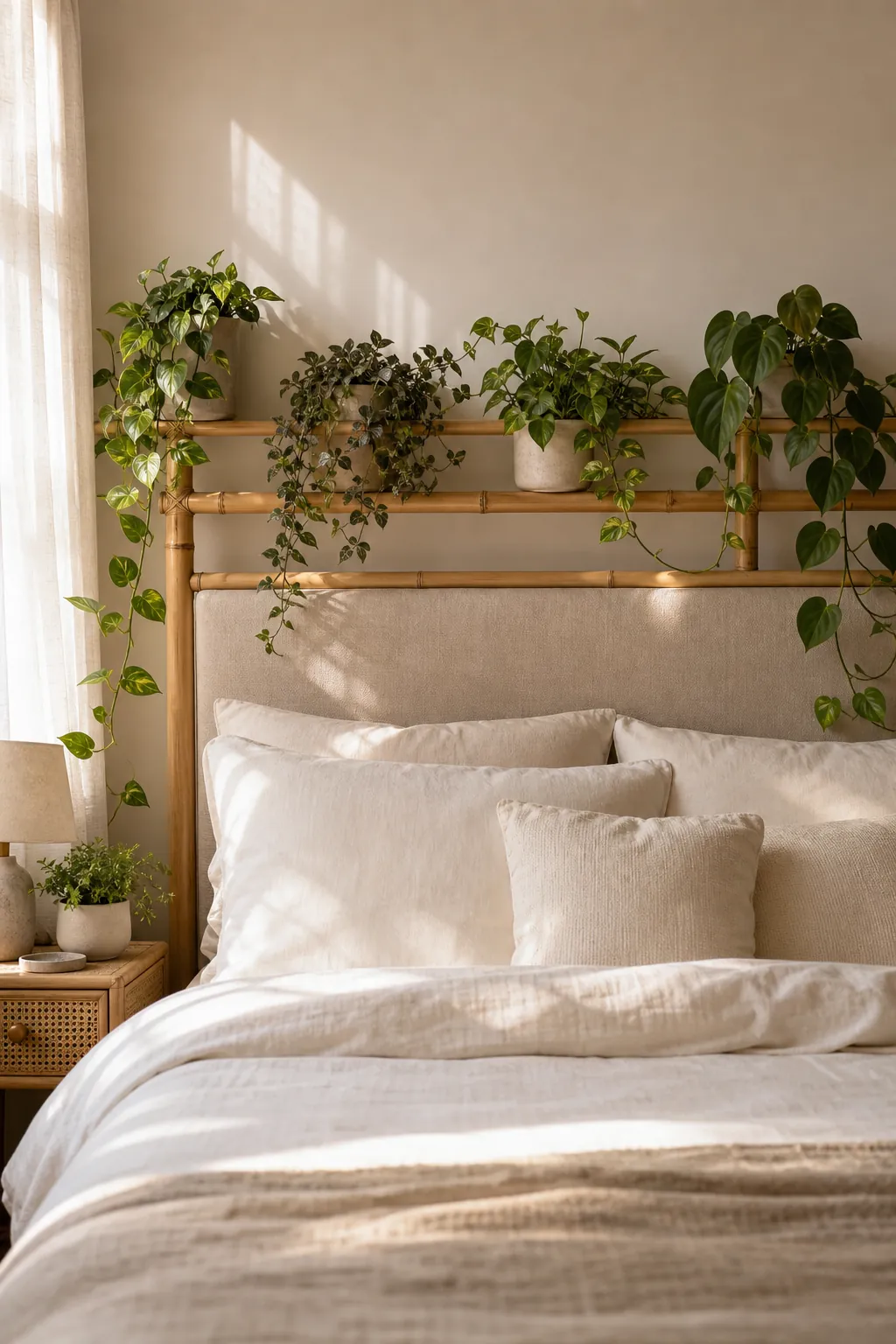 Bedroom headboard indoor plant wall with bamboo ledge and soft trailing plants