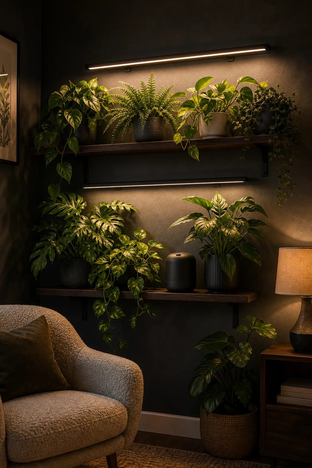 Indoor plant wall with warm grow lights and tropical foliage