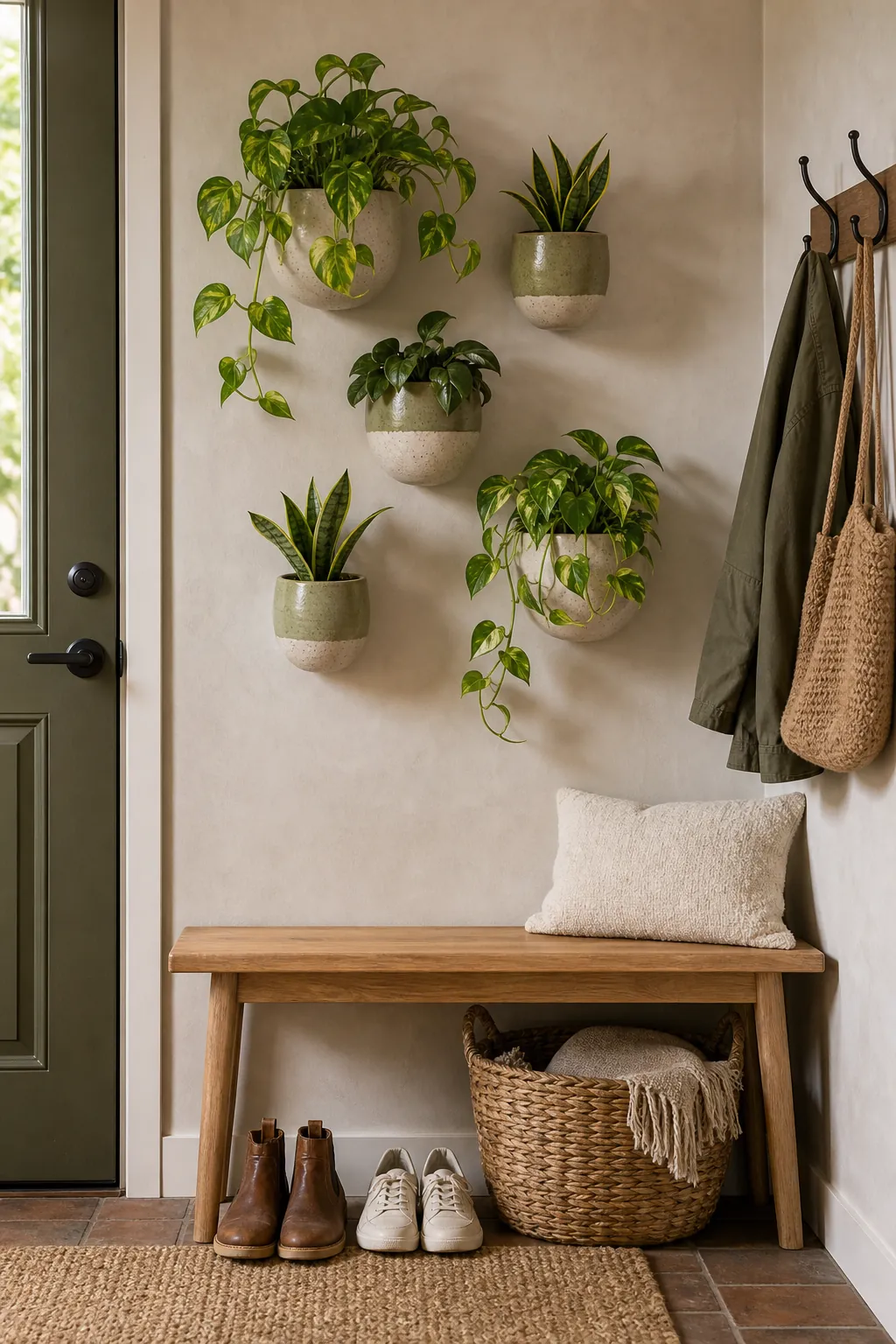 Entryway plant accent wall with wall pockets and natural decor