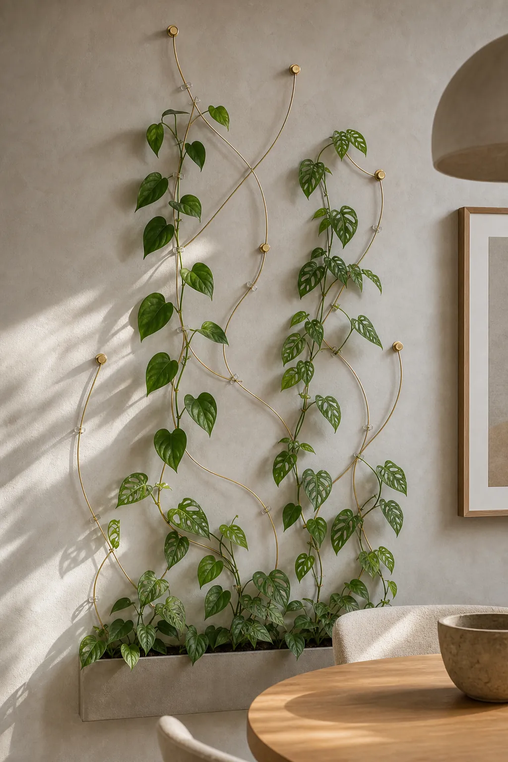 Climbing vine indoor plant wall trained on brass wire supports