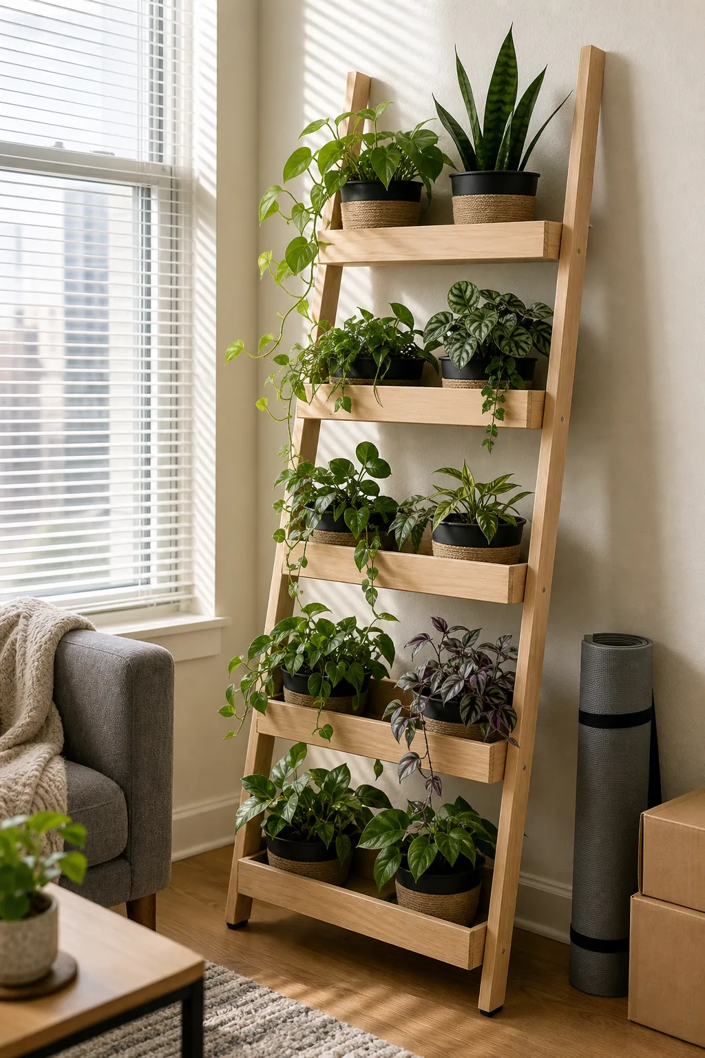 Renter friendly indoor plant wall with removable nursery pots and slim shelves