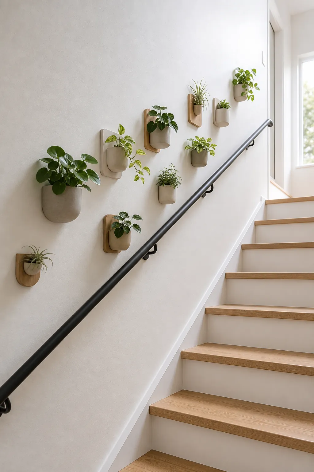 Stairway indoor plant gallery wall with small mounted planters