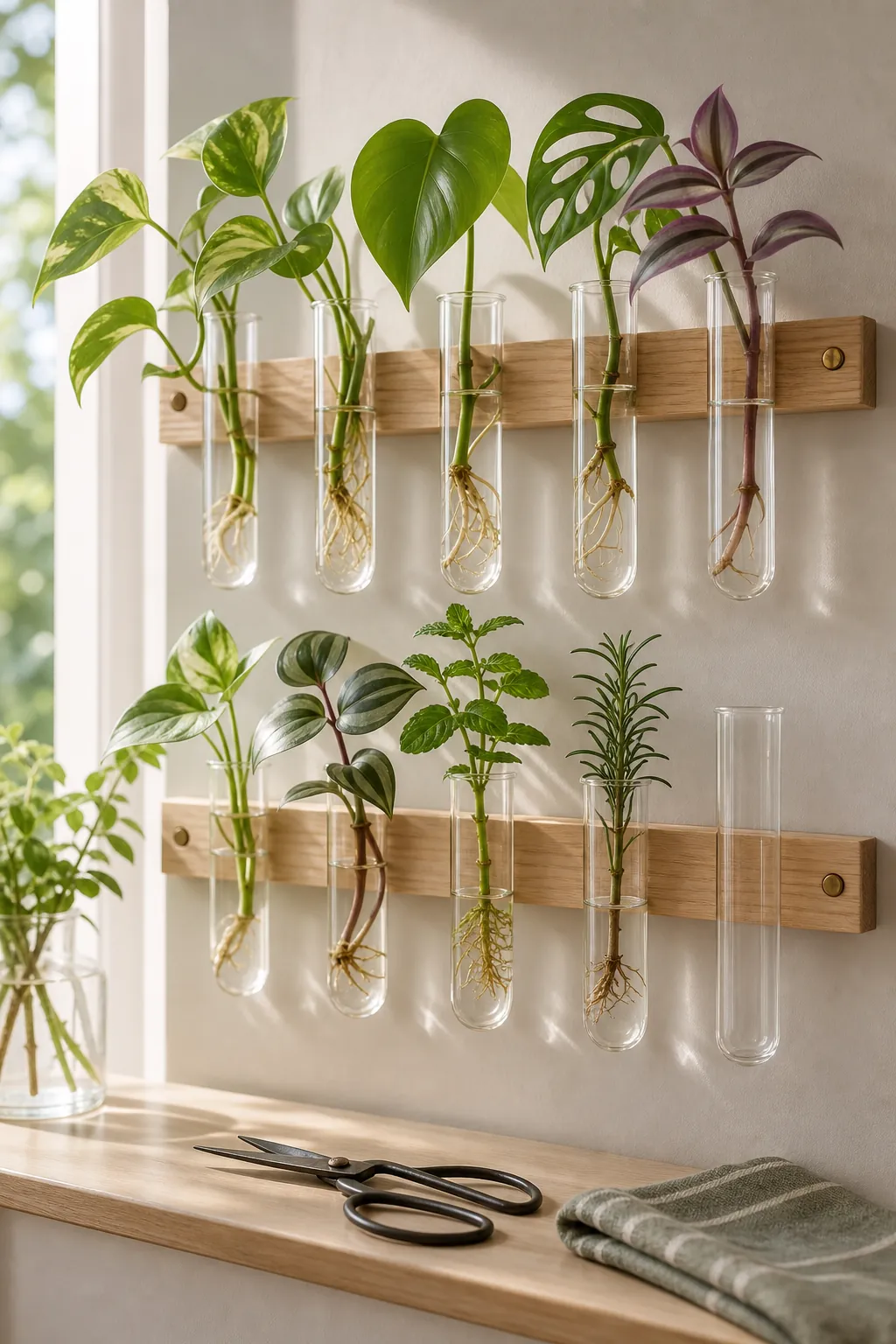 Mini propagation indoor plant wall with glass tubes and plant cuttings