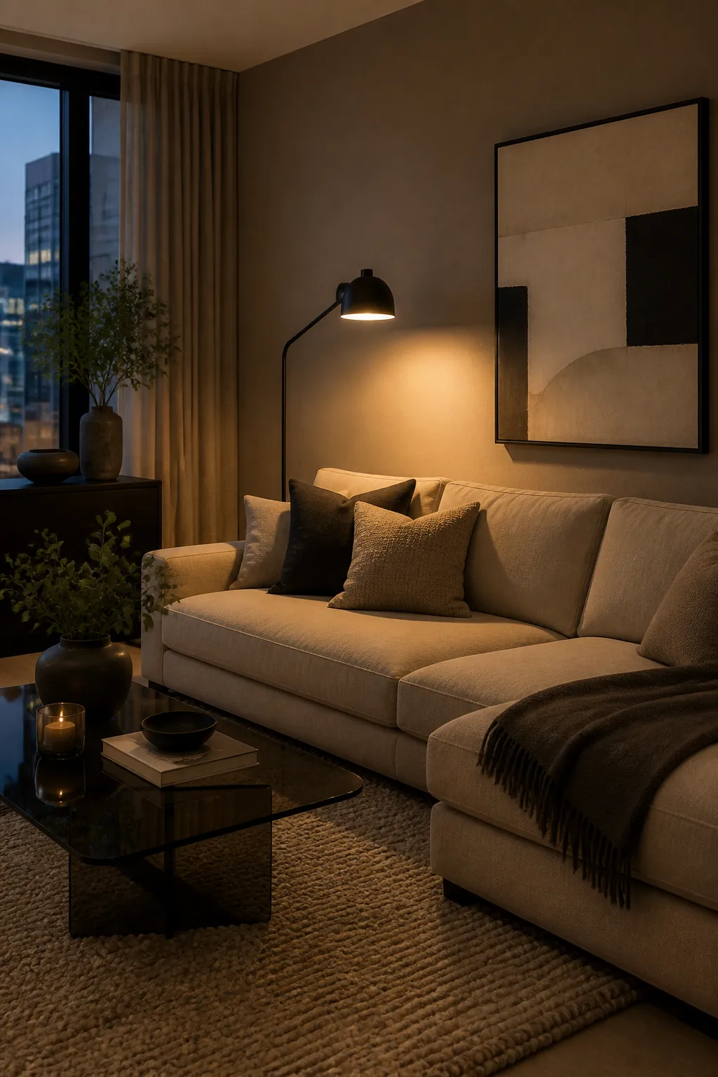 Mushroom taupe and soft black modern cosy living room colour scheme