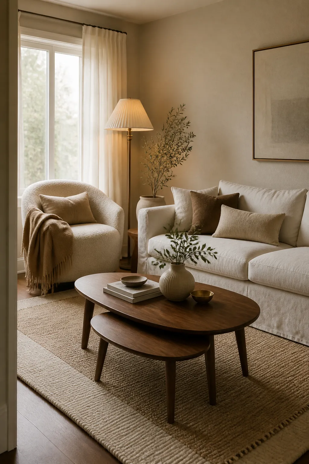 Warm oatmeal, ivory and walnut cosy living room colour scheme