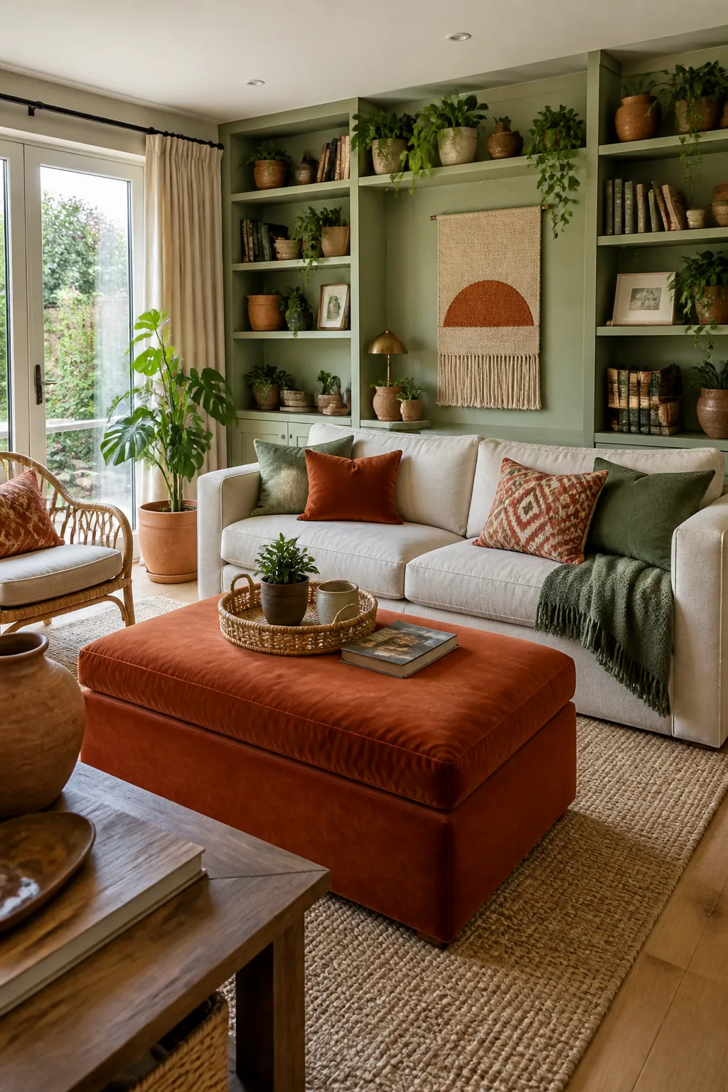Sage green, cream and terracotta living room with earthy cosy decor