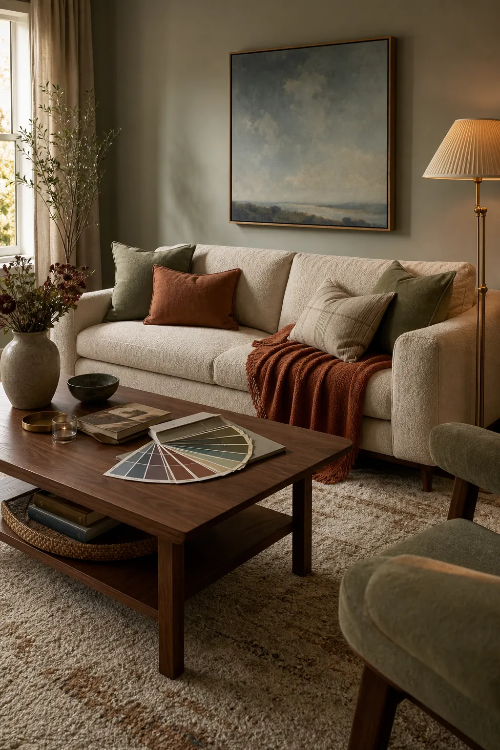 Cosy living room colour schemes with warm neutrals, earthy green, rust, blue and brown accents