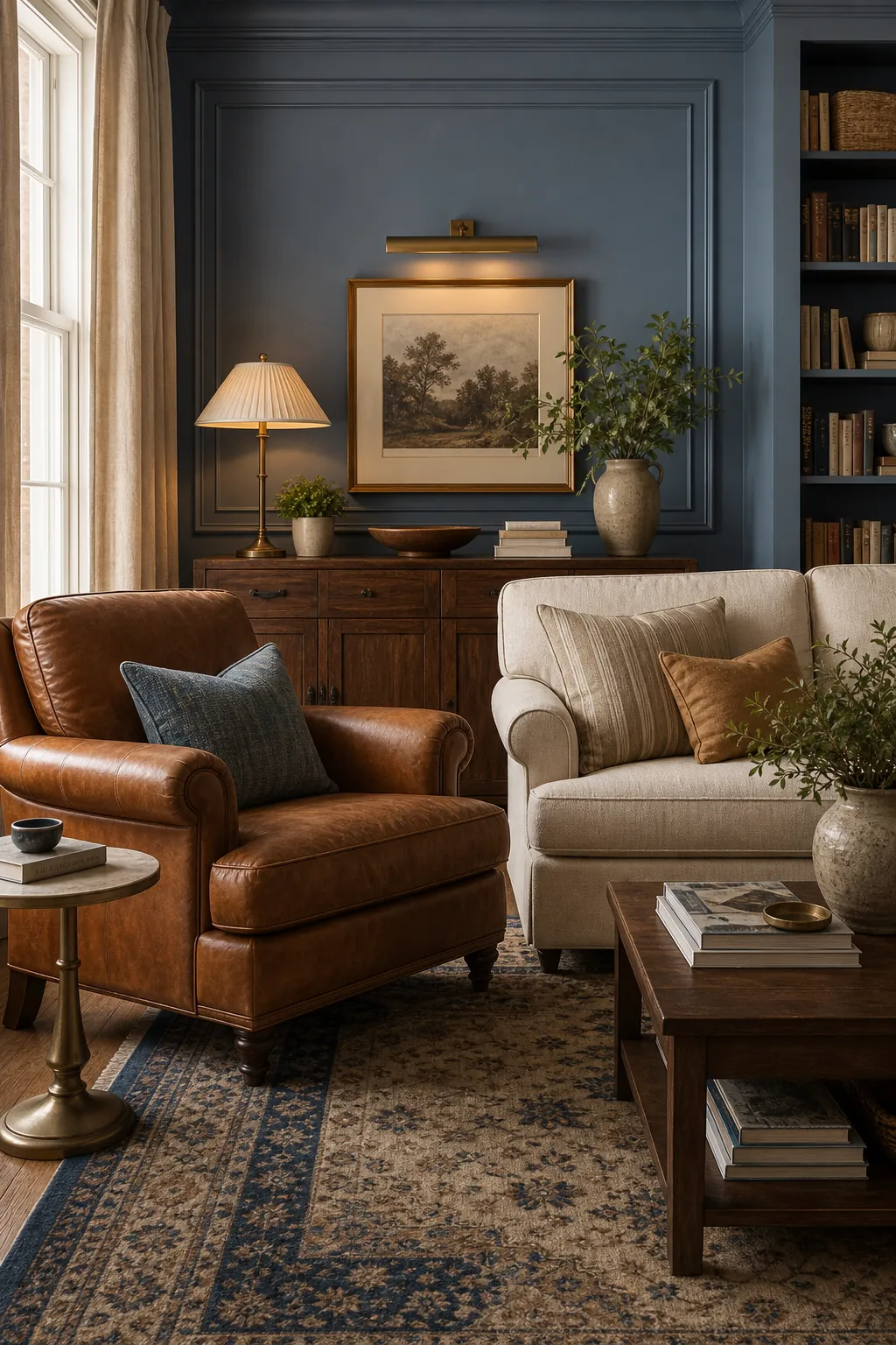 Dusty blue, camel and cream cosy living room with warm wood accents