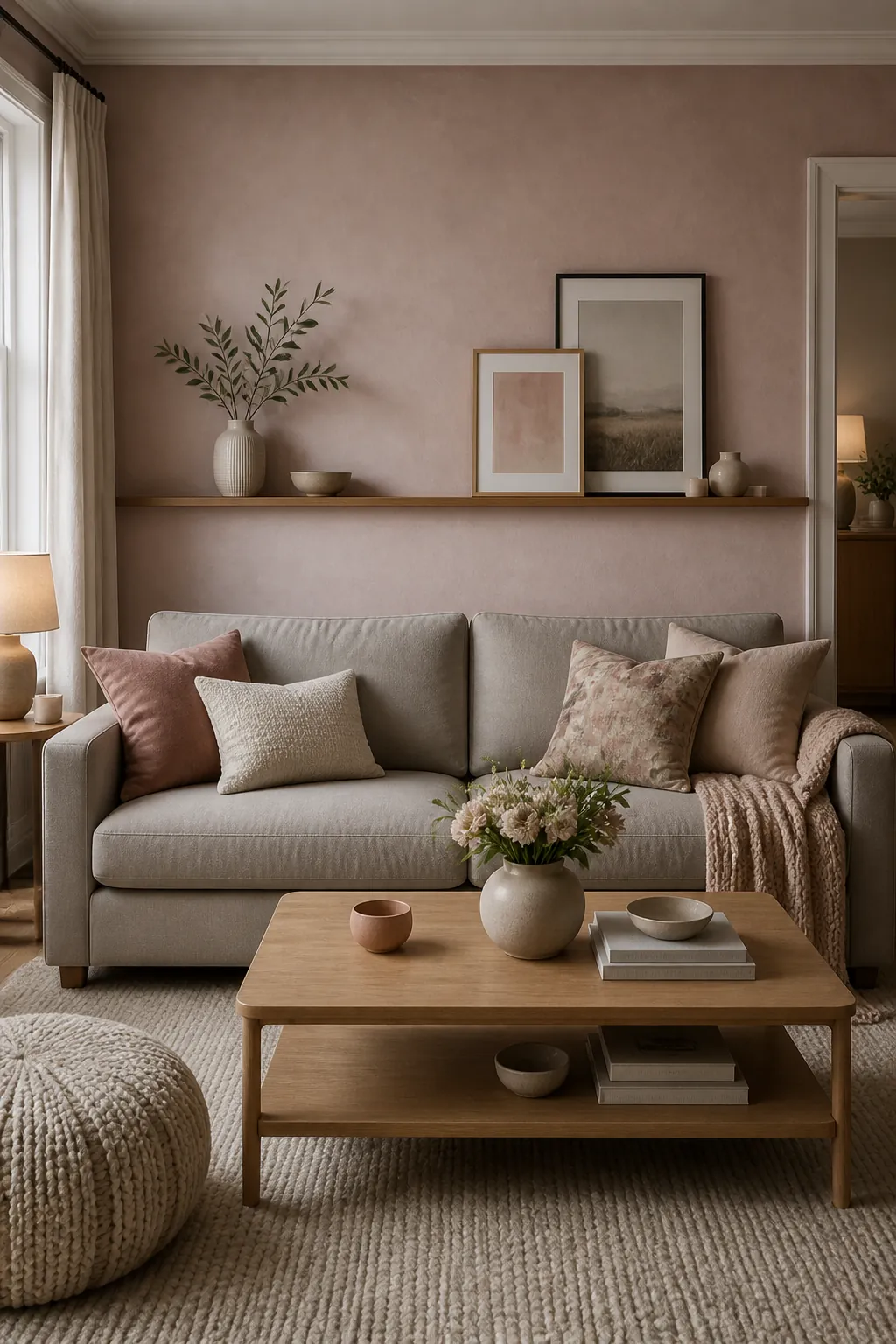 Soft blush, warm grey and oak living room colour scheme