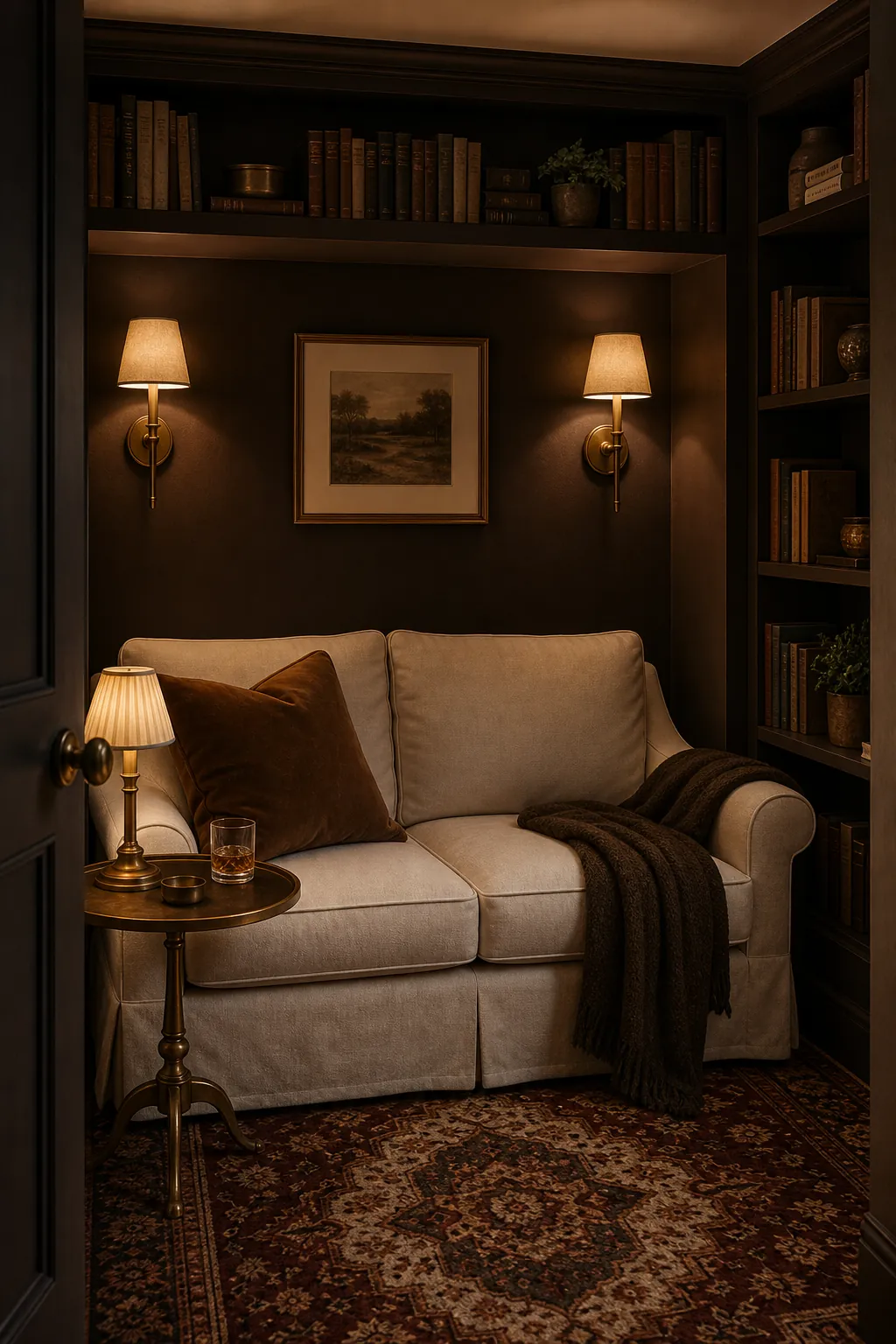 Chocolate brown, cream and antique brass cosy snug living room idea